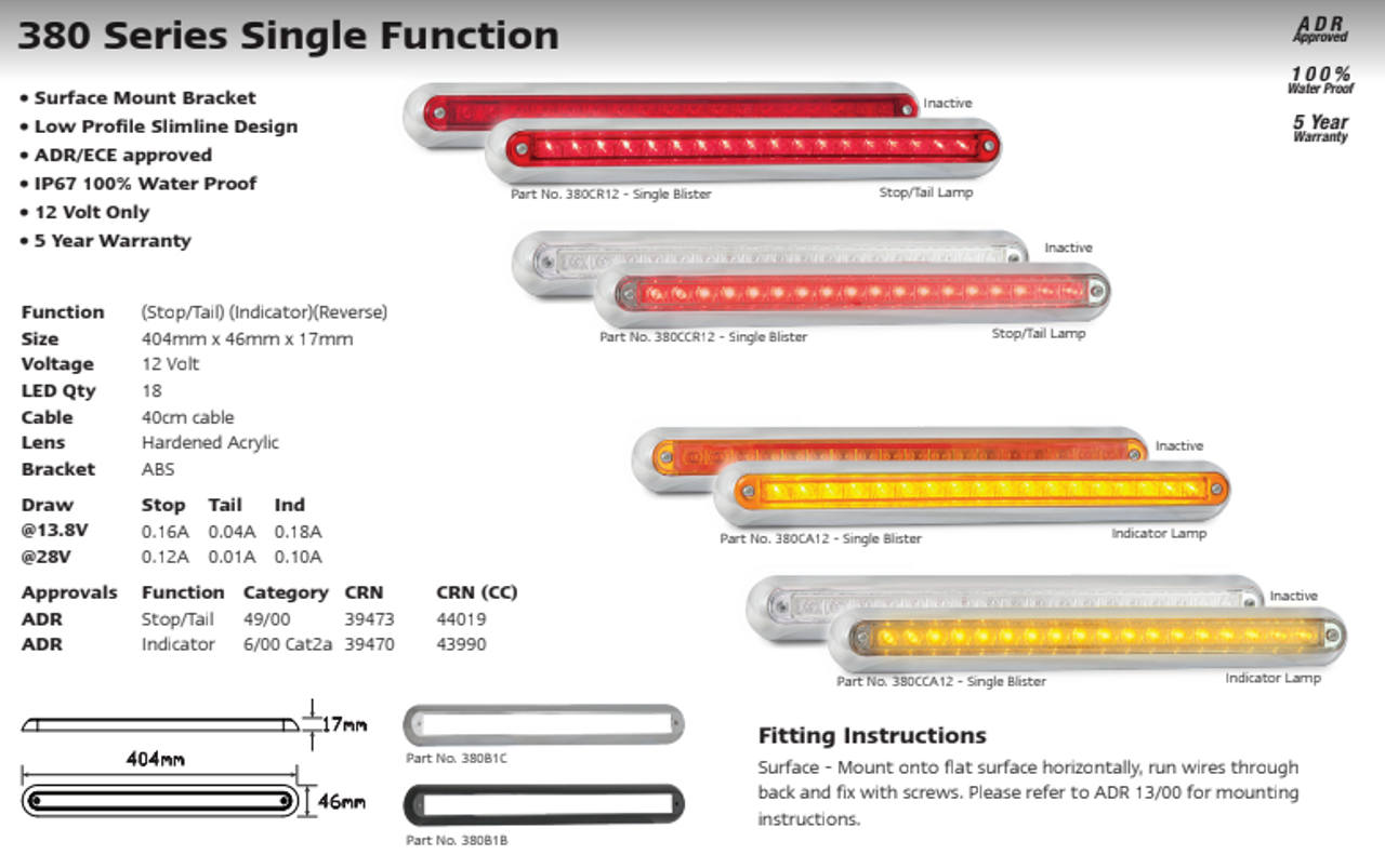 Data Sheet - 380CR12 - Stop, Tail Strip Light. Low Profile. Slimline Design. Chrome Bracket. 12v Only. Single Pack. 5 Year Warranty. Autolamp. Ultimate LED. 