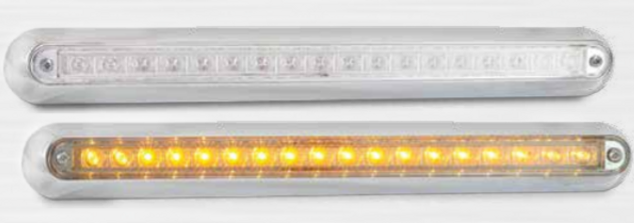 380CA12 - Rear Indicator Strip Light. Clear Lens with Amber LED's Low Profile. Slimline Design. Chrome Bracket. 12v Only. Single Pack. 5 Year Warranty. Autolamp. Ultimate LED. 