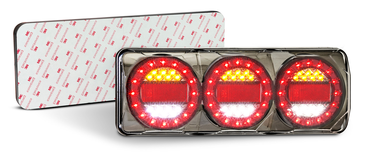 MAXILAMPC3XRW3M - Modern and Stylish MAXILAMP 3. Modern Tail Light Assembly. Stop, Tail, Indicator and Reverse with Reflector. 3m Tape Mounting. Multi-Volt 12v & 24v. Caravan Friendly. 7 Year Warranty. Autolamp. Ultimate LED.