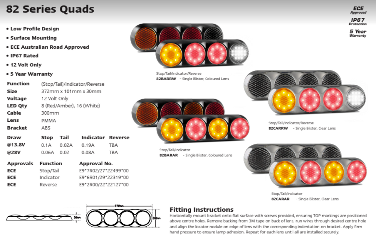 Data Sheet - 82CARRWMB - Quad Series Medium Truck and Trailer Light. Stop, Tail, Indicator and Reverse. Silver Housing. Screw on Bracket, Easy To Fit Lens. 3M Tape Mounting. Caravan Friendly. Multi-Volt 12v & 24v. Low Profile Design. No Visible Screws. 5 Year Warranty. Autolamp.  Ultimate LED. 