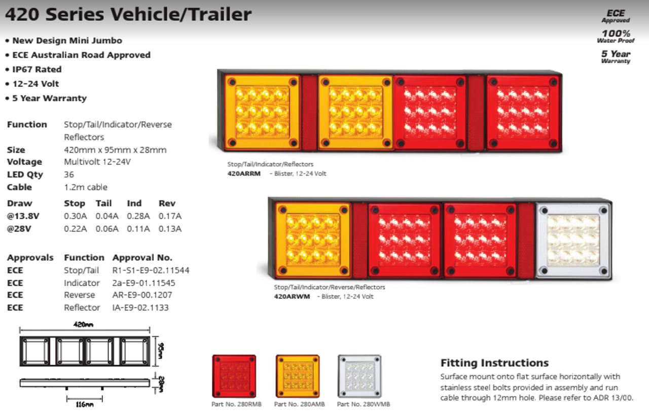 Data Sheet - 420ARRWM2 - Combination Tail Light. Stop, Tail, Indicator, Reverse Light with Reflector. Multi-Volt 12v & 24v. Twin Pack. Caravan Friendly. LED Auto Lamps. Ultimate LED. 