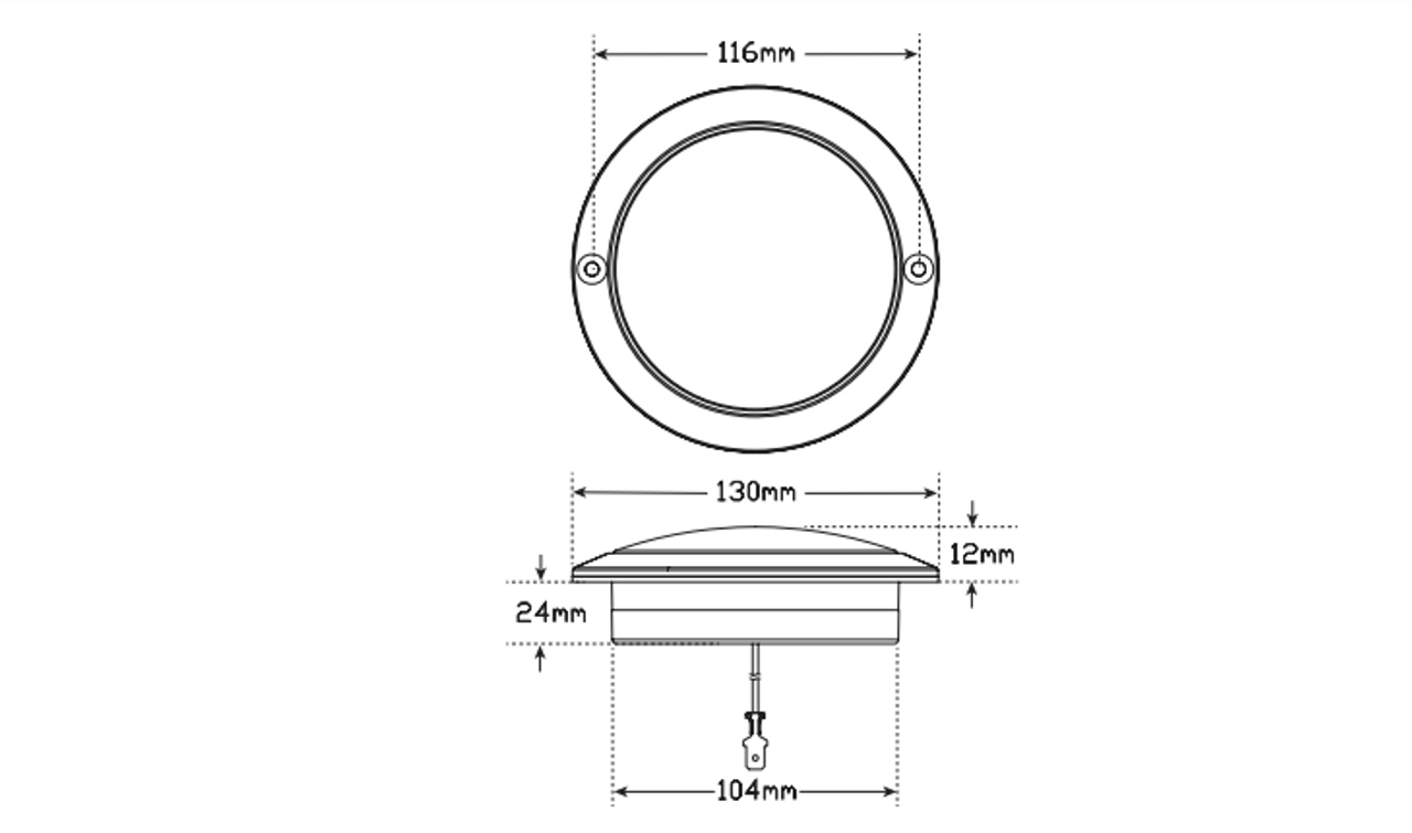 Line Drawing - 102RBC - Round Stop, Tail Light. Low Profile Design. 12v Only. Black Chrome Lens Design. Recess Mount, Screw Secured. Autolamp. Ultimate LED. 