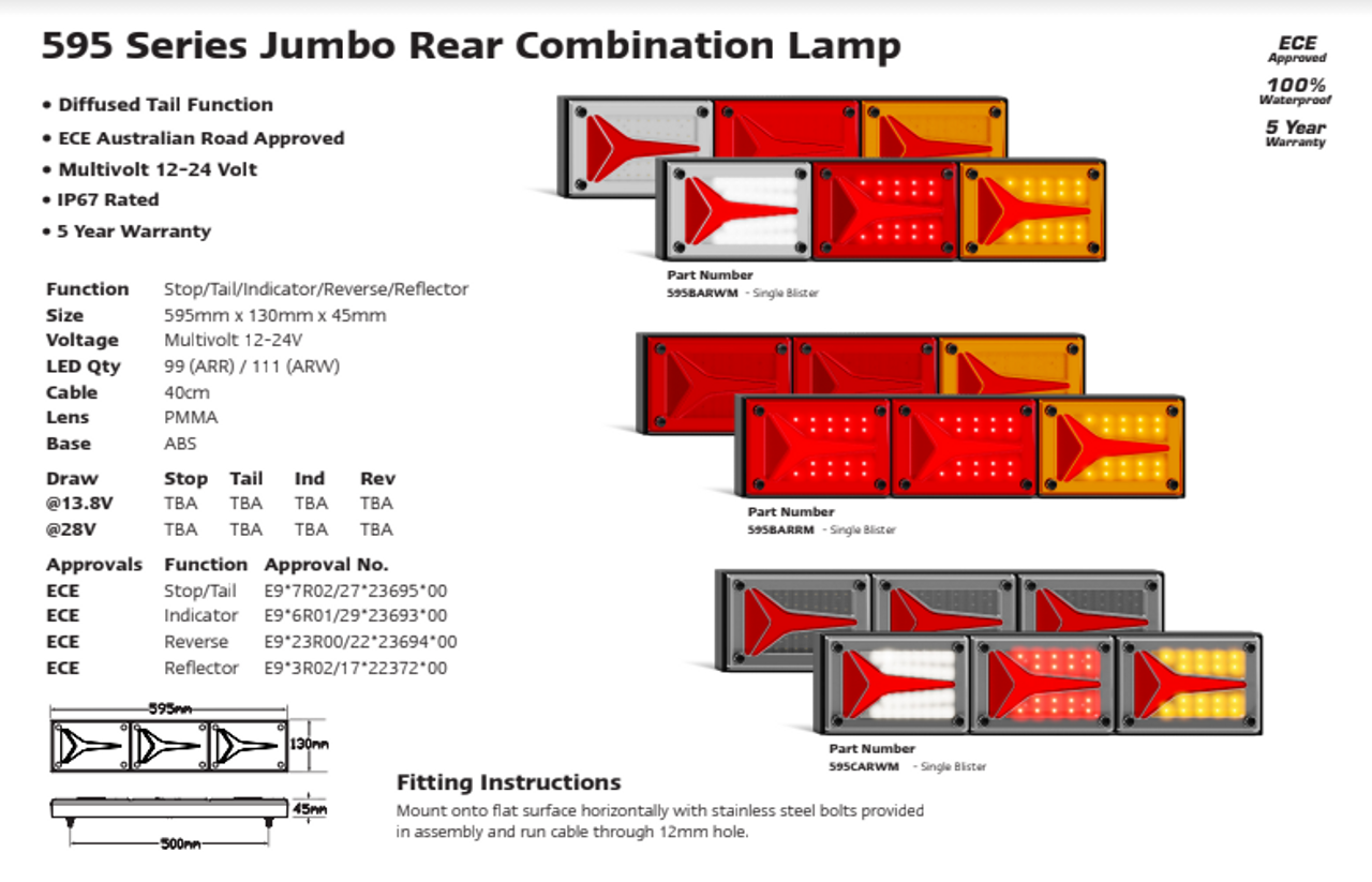 Data Sheet - 595BARWM - Combination Tail Light. Large Tray & Truck Series Light. Diffused Tail Function. Coloured Lens. Stop, Tail, Indicator and Reverse Lights. Caravan Friendly. Single Pack. Multi-Volt 12v & 24v. Autolamp. Ultimate LED. 