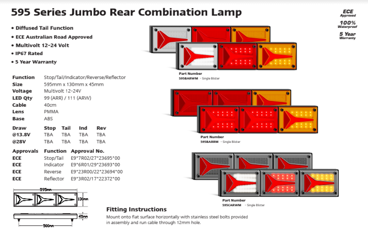 Line Drawing - 595BARRM - Combination Tail Light. Large Tray & Truck Series Light. Diffused Tail Function. Coloured Lens. Stop, Tail and Indicator Lights. Caravan Friendly. Single Pack. Multi-Volt 12v & 24v. Autolamp. Ultimate LED. 