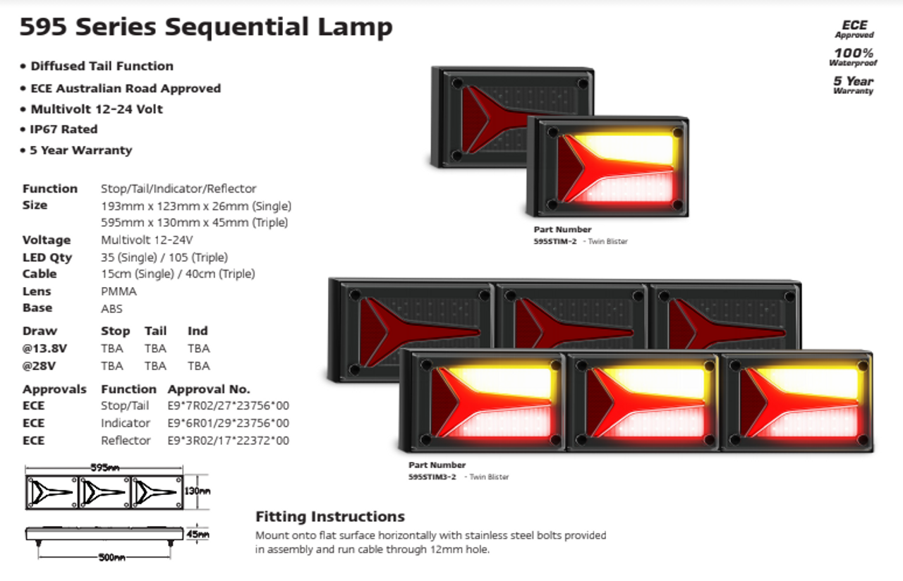 Data Sheet - 595STIM3-2 - Combination Tail Light. Clear Lens. Large Tray & Truck Series Light. Diffused Tail Function. Sequential Indicator. Coloured Lens. Stop, Tail and Indicator Lights. Caravan Friendly. Twin Pack. Multi-Volt 12v & 24v. Autolamps. Ultimate LED. 