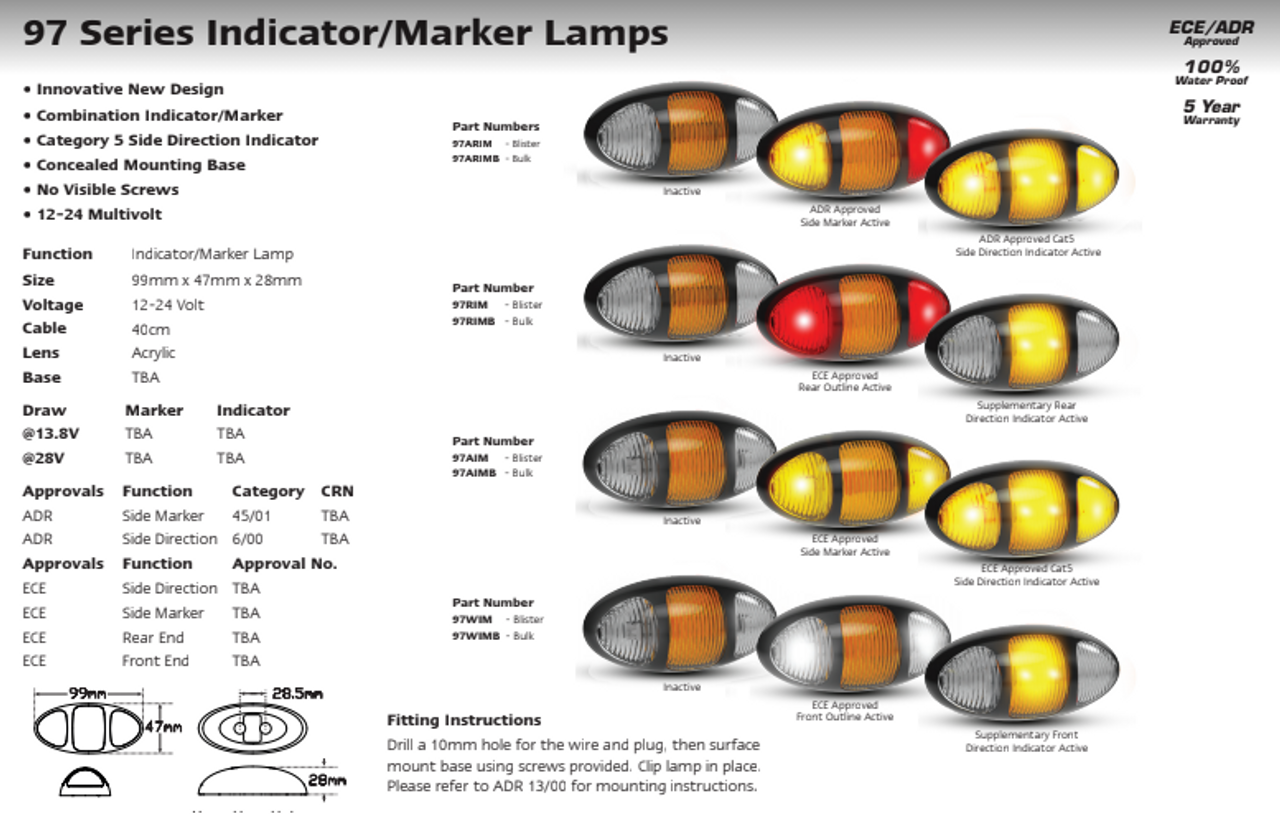 Data Sheet - 97ARIM - Side Marker Light with Side Direction Indicator Function. Single Pack Black Base Clear Lens Multi-Volt 12v & 24v. LED Auto Lamps.  Ultimate LED. 