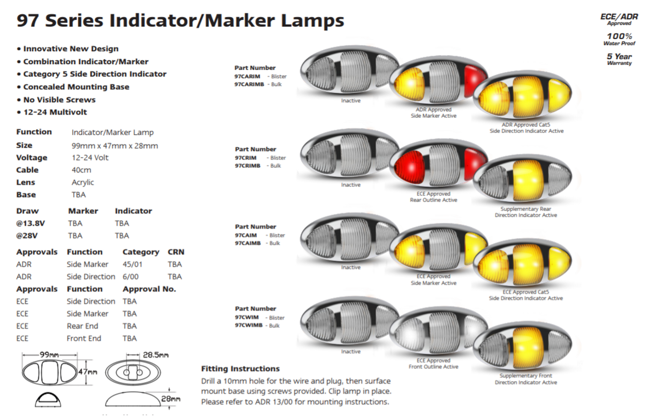 Data Sheet - 97CARIM - Low Profile Clearance Light with Direction Indicator. Amber and Red Clearance Light with Cat 5/6 Side Direction Indicator. Base Mount, Clip In Lamp, Chrome Bracket. Low Profile. 5 Year Warranty. Multi-Volt 12v & 24v. Autolamps. Ultimate LED. 