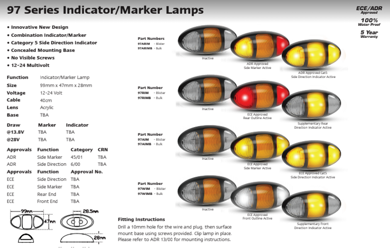 Data Sheet - 97CAIM - Low Profile Clearance Light with Direction Indicator. Amber Clearance Light with Category 5 & 6 Side Direction Indicator. Base Mount, Clip In Lamp, Chrome Bracket. Low Profile. 5 Year Warranty. Multi-Volt 12v & 24v. Autolamps. Ultimate LED. 