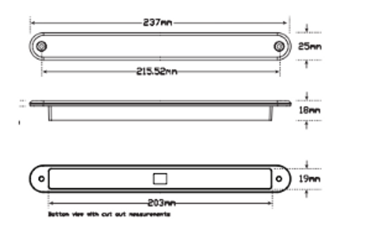 Line Drawing -  235ASEQ-2 - Sequential Indicator. Slimline Low Profile Light. Recessed Fitting. Includes Grommet. Coloured Lens. Twin Pack. Autolamps. Ultimate LED. 