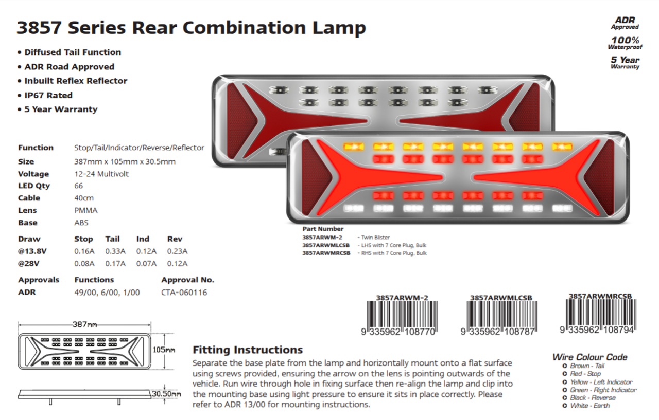 3857ARWM-2 - Combination Tail Light. Medium Tray & Truck Series Light. Diffused Tail Function. Top Row Indicator. Clear Lens. Stop, Tail, Indicator and Reverse Lights. Twin Pack. Multi-Volt 12v & 24v. Autolamp.  Ultimate LED. 