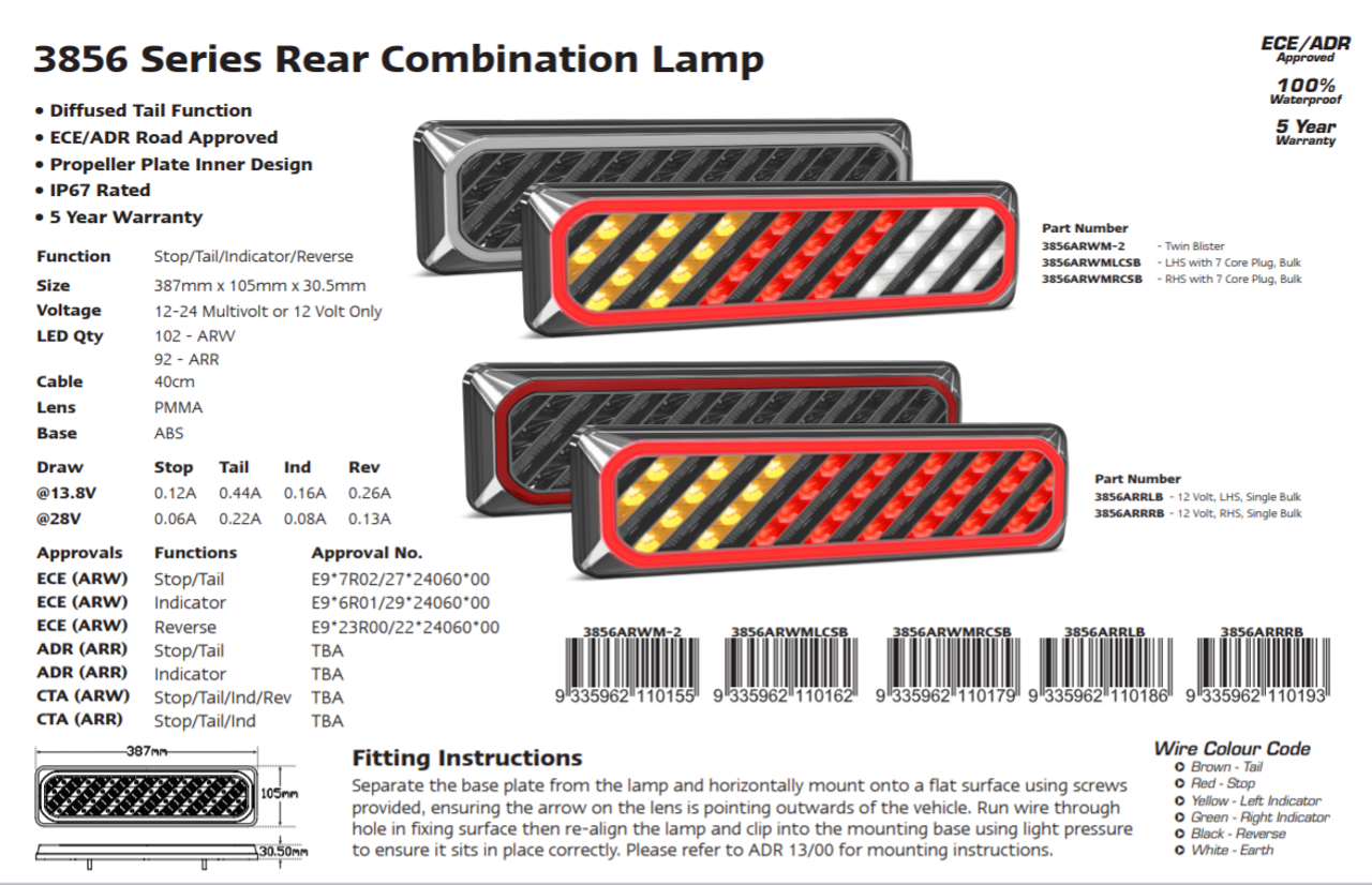 3856ARWM -2 Combination Tail Lamp. 3856 Series. Diffused Tail Light. ECE Approved. Multi-Volt 12-24v. 5 Year Warranty. Twin Pack. Left Hand Side and Right Hand Side. Genuine Autolamp. Ultimate LED. 