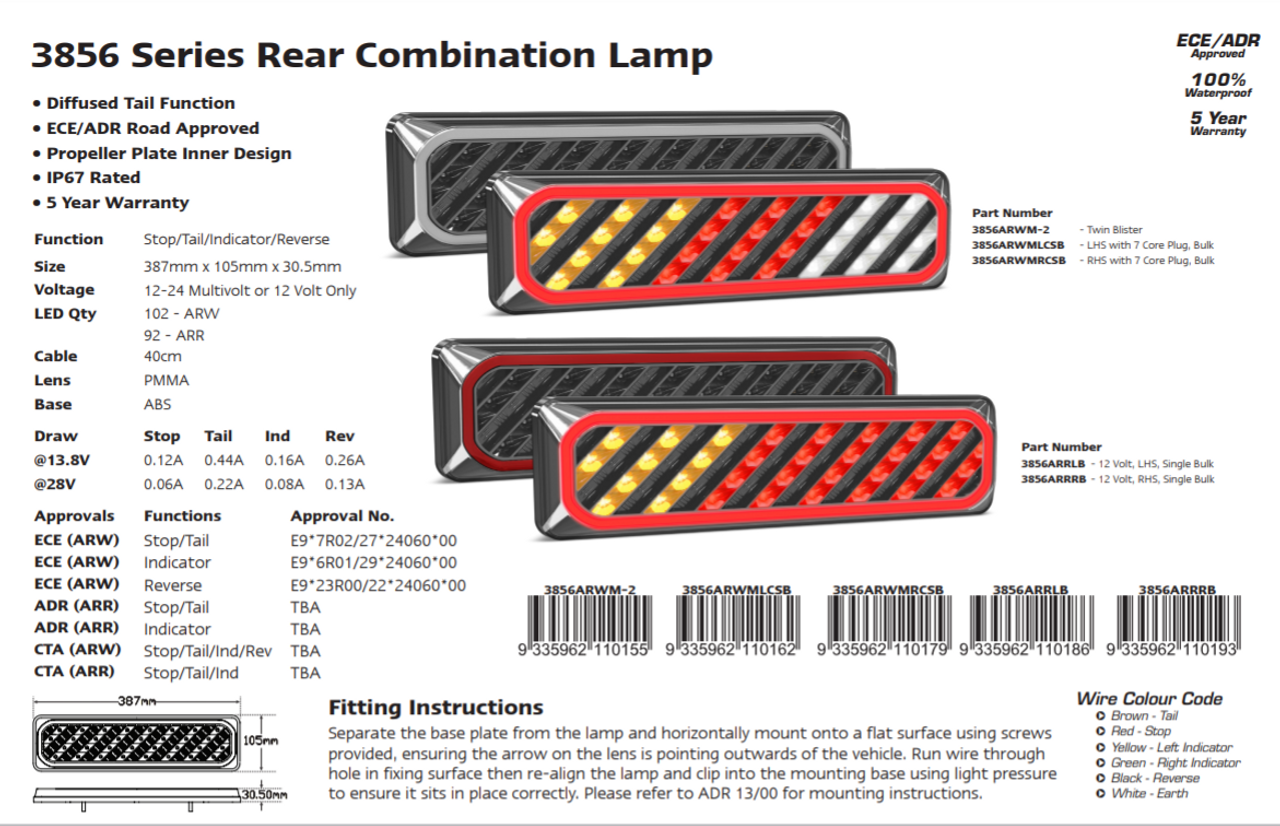 3856ARRM -2 Combination Tail Lamp. 3856 Series. Diffused Tail Light. ECE Approved. Multi-Volt 12-24v. 5 Year Warranty. Twin Pack. Left Hand Side and Right Hand Side. Genuine Autolamp. Ultimate LED. 