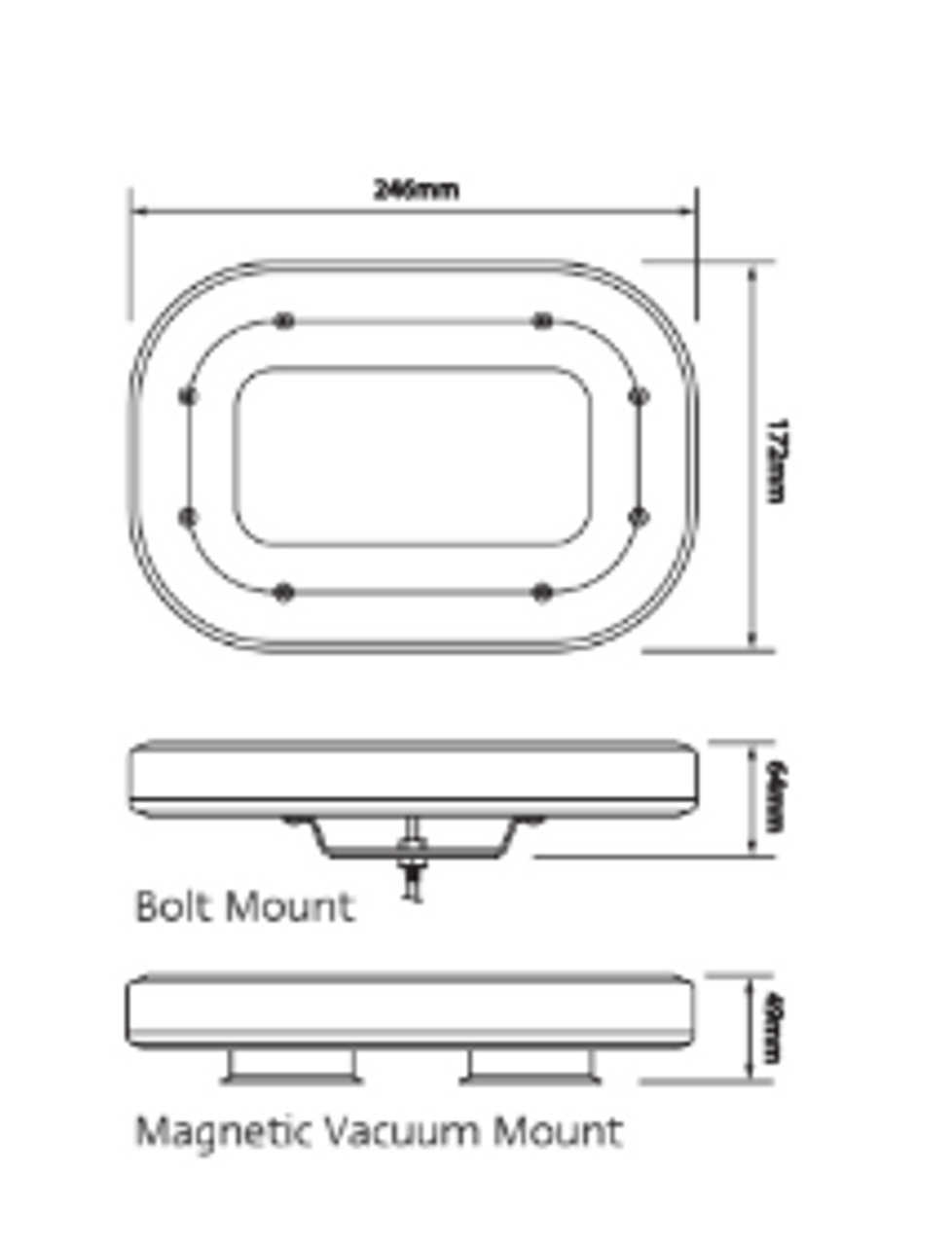 Line Drawing - LB246ATMM - Emergency Minibars Amber Range. High Brightness LEDs. 18 Selection Flash Patterns. Tinted Lens. 5 Year Warranty. Magnetic Mount. Multi-Volt 12v & 24v. Autolamps. Ultimate LED. 