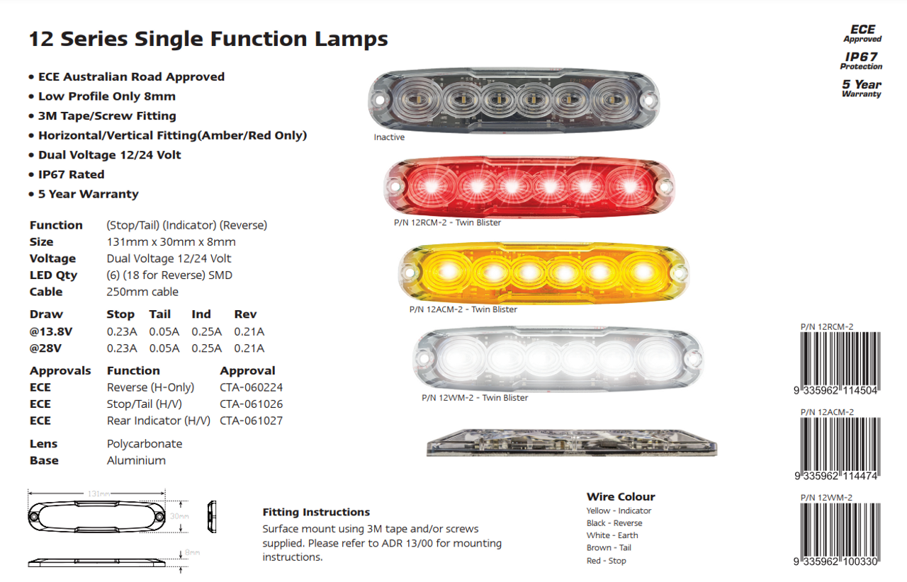 12RCM-2  - Stop, Tail LED Slim Line Module Lamp Red. Multi-Volt 12v & 24 Volt Quality 3M Tape or Screw on Fitting. Twin Pack Clear Housing Clear Lens & Red LED's. Super Slim Line Light. Go Stealth. Ultimate LED.