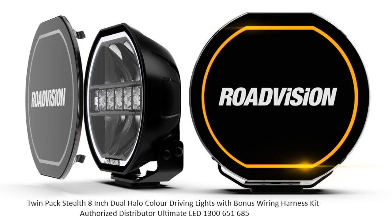 Stealth 8 Inch Driving Lights Twin Pack Kit + Wiring Harness. Dual Colour Halo, White or Amber. Daytime Running Lights included