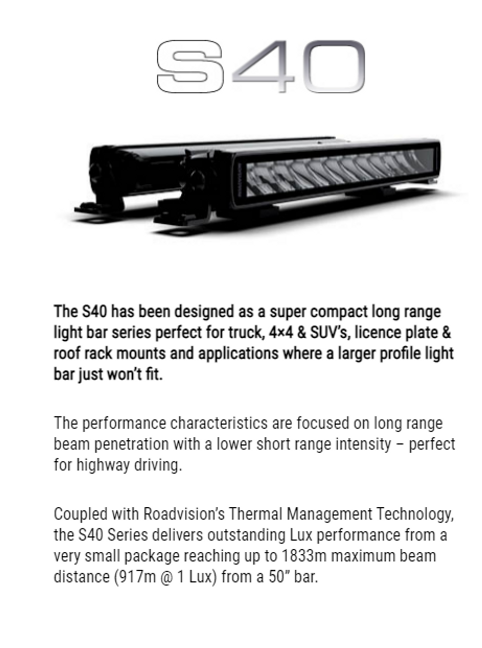 Stealth Light Bar 13 inch Flood Beam. Stealth Style and Look, Black Housing and Smoked Lens, S40 Series 10 to 30v DC 3218lm Thermal Management System. 7 Year Warranty.