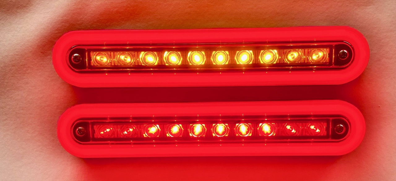 Halo Diffused Park light with Stop, Indicator LED Taillight. 12 volt System. Twin Pack Coloured Lens, Amber, Red LED with Red Halo Surround. HR235AR/2. Slim Line ADR Approved LED Taillights. New Release