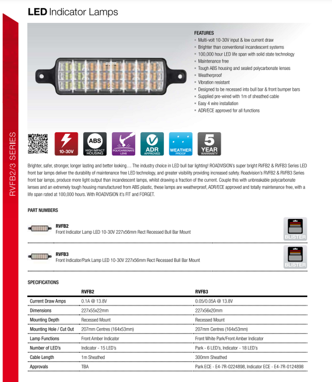 Front Bull Bar Indicator LED Light, Clear Lens with Amber LED's. Multi-Volt 12v & 24v DC. RVFB2 SERIES. Single Pack