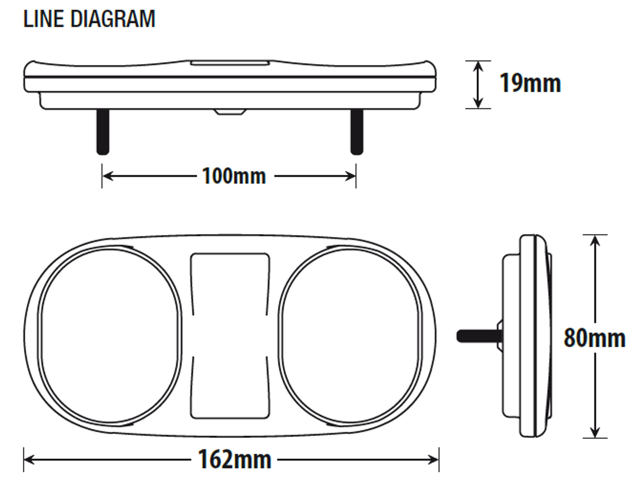 Line Drawing. Dimensions: 162 x 80 x 19mm. Stop, Tail, Indicator with Reflector. Roadvision BR205LR.  - Ideal for trailers (PAIR) 12V DC. Submersible