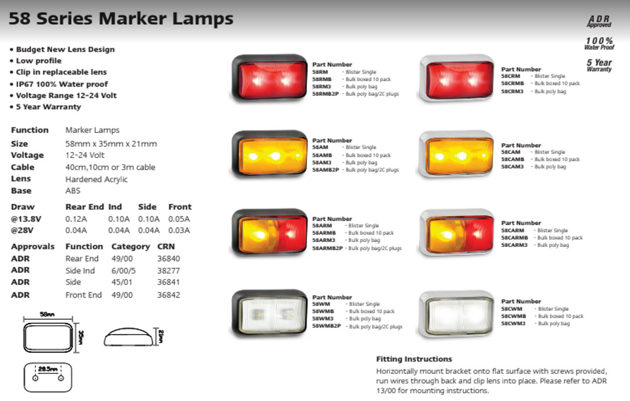 Data Sheet - 58AM - Amber Side Marker Light, Black Base Amber Lens & Amber LED Multi-Volt 12v & 24v. Low Profile. Caravan Friendly. Single Pack. LED Auto Lamps. Ultimate LED.