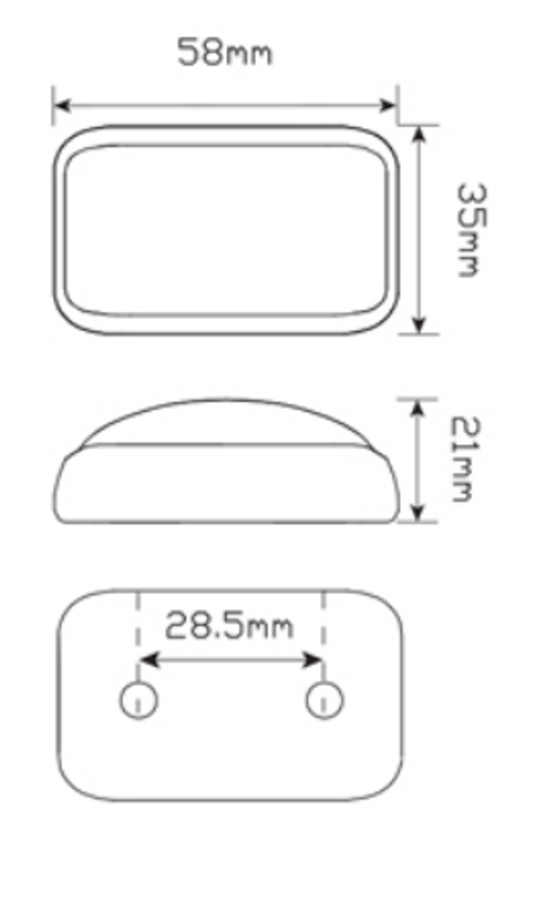 Line Drawing - 58WM - Front End Outline Marker Light, Black Base Clear Lens White LED Multi-Volt 12v & 24v. Low Profile. Caravan Friendly. Single Pack. LED Auto Lamps. Ultimate LED. 