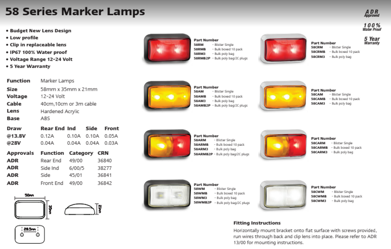 Data Sheet - 58WM - Front End Outline Marker Light, Black Base Clear Lens White LED Multi-Volt 12v & 24v. Low Profile. Caravan Friendly. Single Pack. LED Auto Lamps. Ultimate LED. 