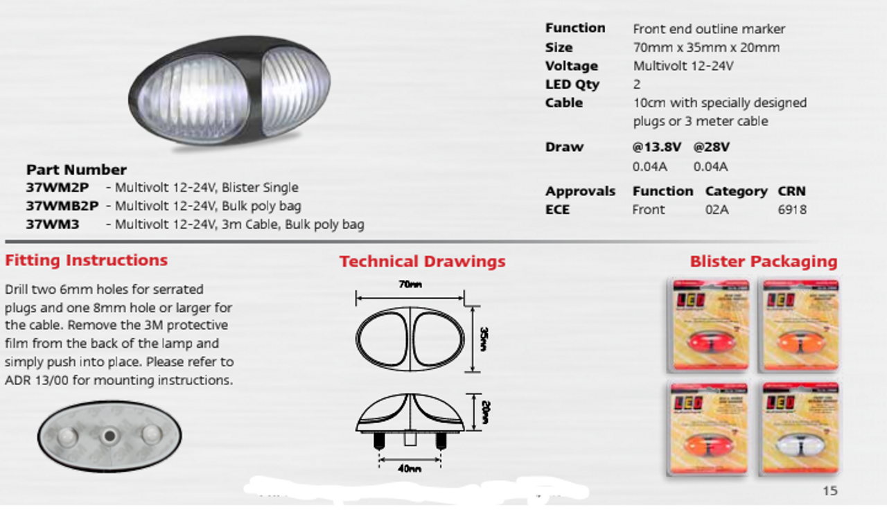 Data Sheet - 37WM - Front End Outline Marker Light with Black Base Multi-Volt 12v & 24v Single Pack. LED Auto lamps. Ultimate LED.