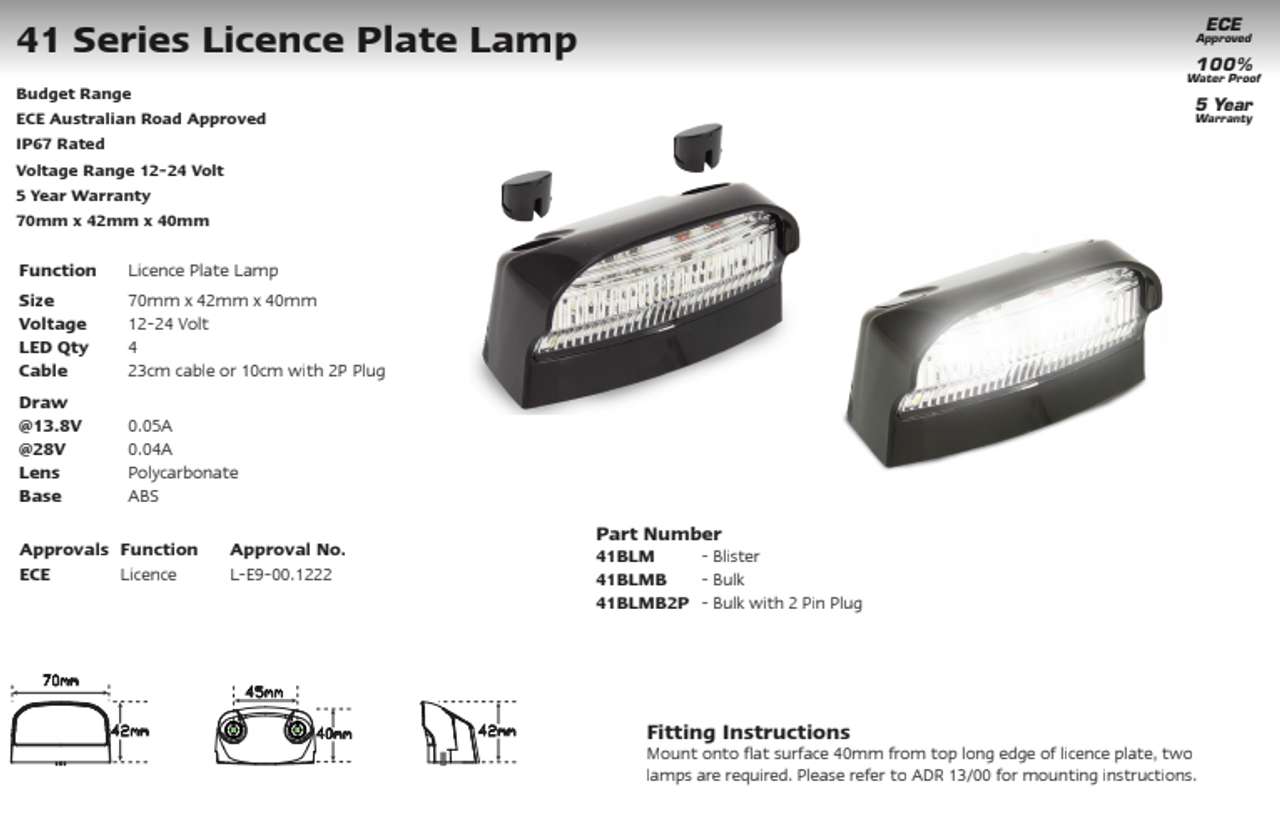 Data Sheet - 41BLM - Licence Plate Lamp Light, Black Base Compact Design Multi-Volt 12v & 24v. LED Auto Lamps. Ultimate LED.