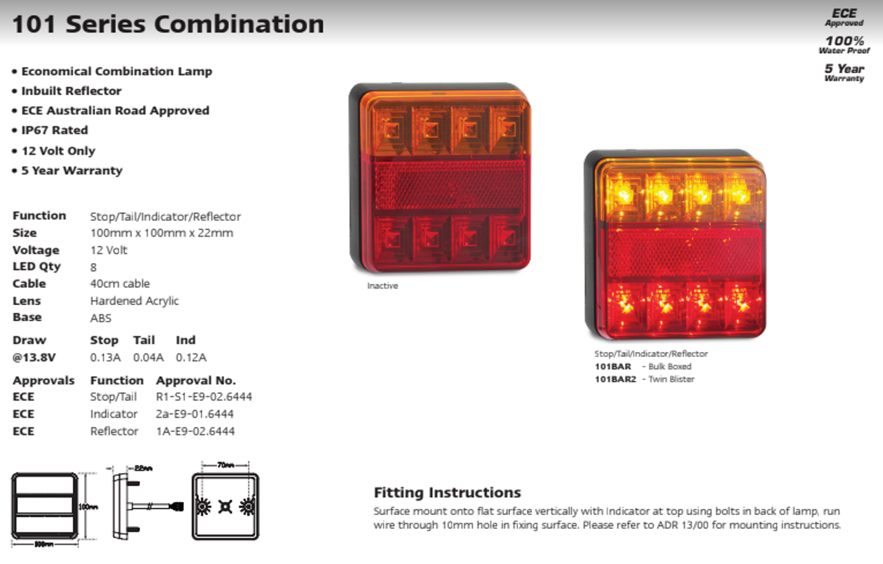 Data Sheet - 101BAR2 - Combination Tail Light. Small Trailer Rear Light. Stop, Tail, Indicator, Reflector Light 12v Blister Twin Pack. LED Auto Lamps.  Ultimate LED. 