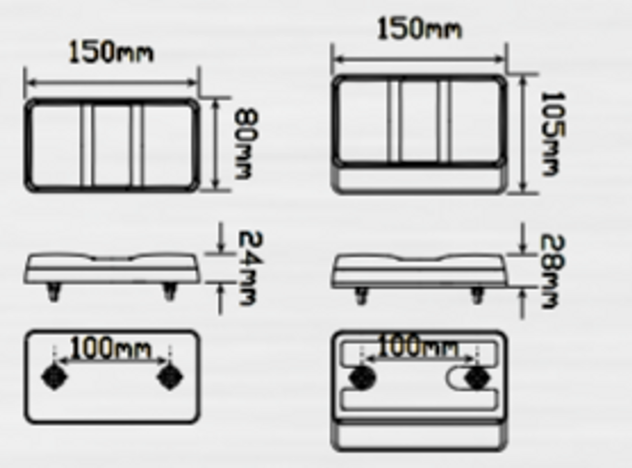 150 Series Line Drawing - 150BAR2 Stop, Tail, Indicator, Reflector With Licence Lamp. Twin Light Pack 12v. AL. Ultimate LED. 