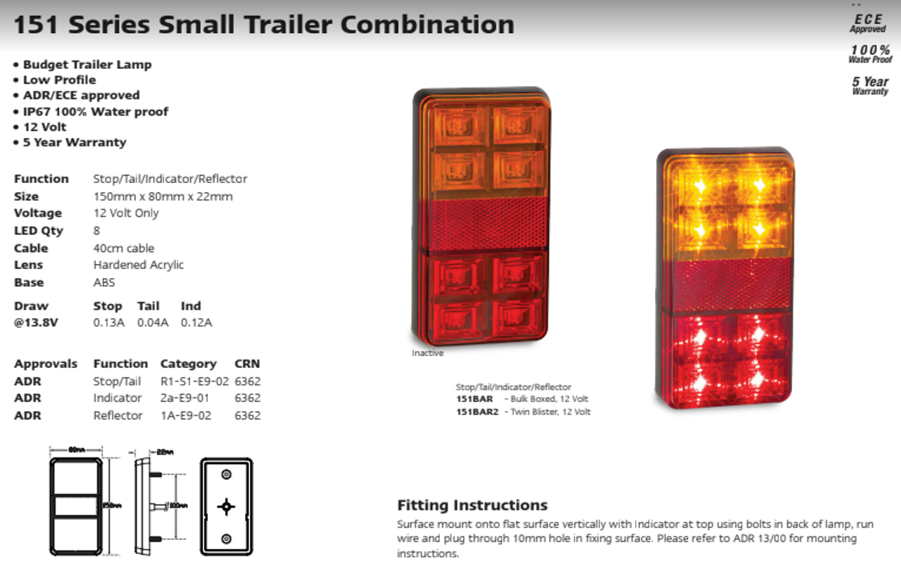 Data Sheet - 151BAR2 - Small Trailer Combination Tail Lights. Stop, Tail, Indicator, Reflector Light 12v Blister Twin Pack. LED Auto Lamps. Ultimate LED.