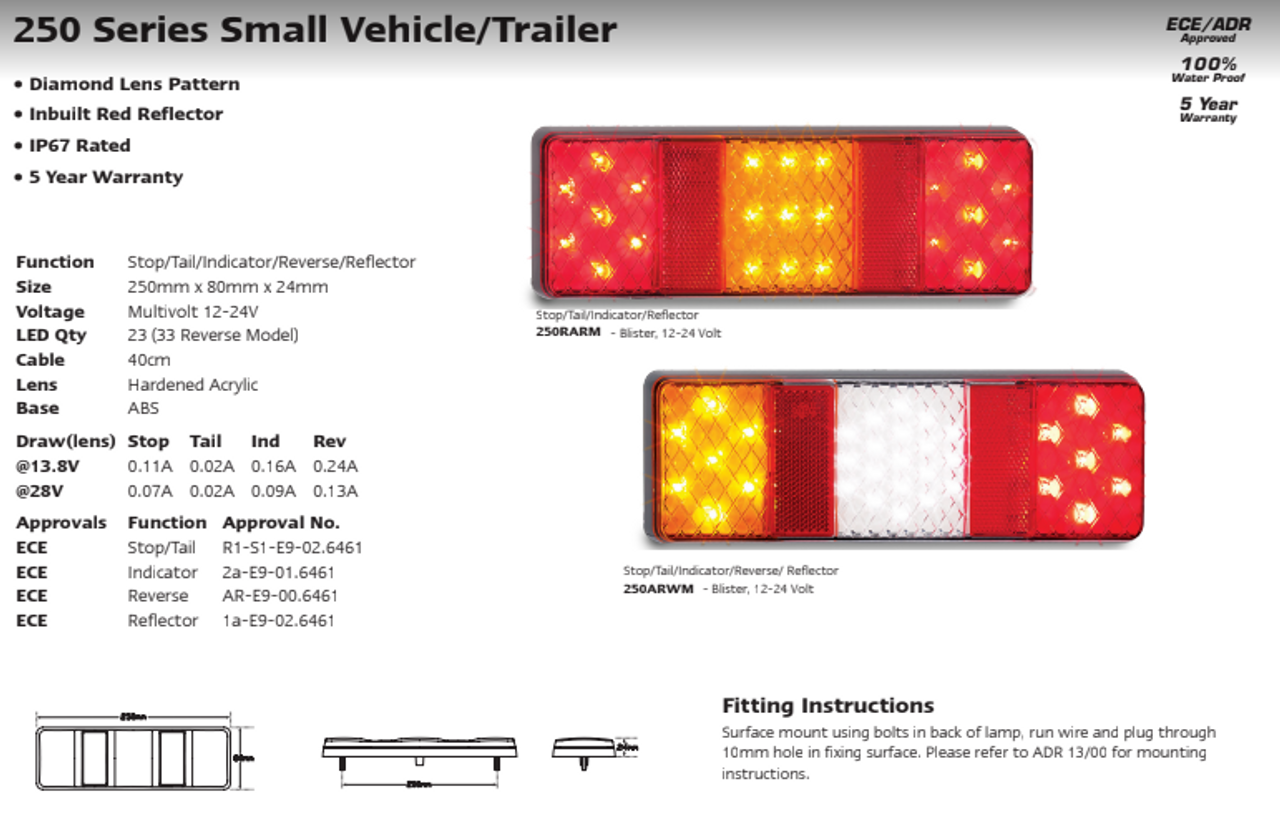 Data Sheet - 250ARWM - Combination Tail Light. Stop Tail Indicator Reverse with Reflector Light. Multi-Volt 12v & 24v Blister Single Pack. LED Auto Lamps.Ultimate LED. 