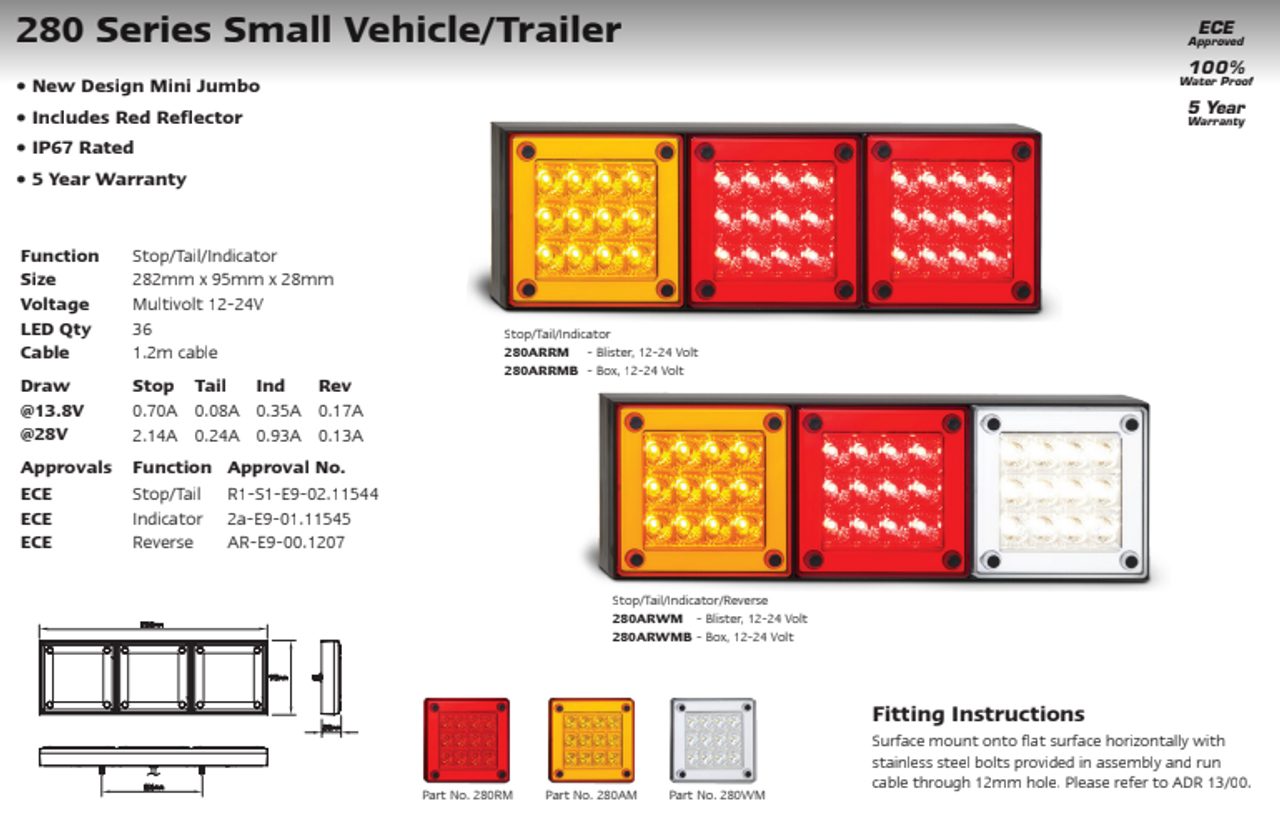 Data Sheet - 280ARRM Stop, Tail & Indicator Light. Multi-Volt 12v & 24v. Caravan Friendly. Blister Single Pack. LED Auto Lamps. Ultimate LED.