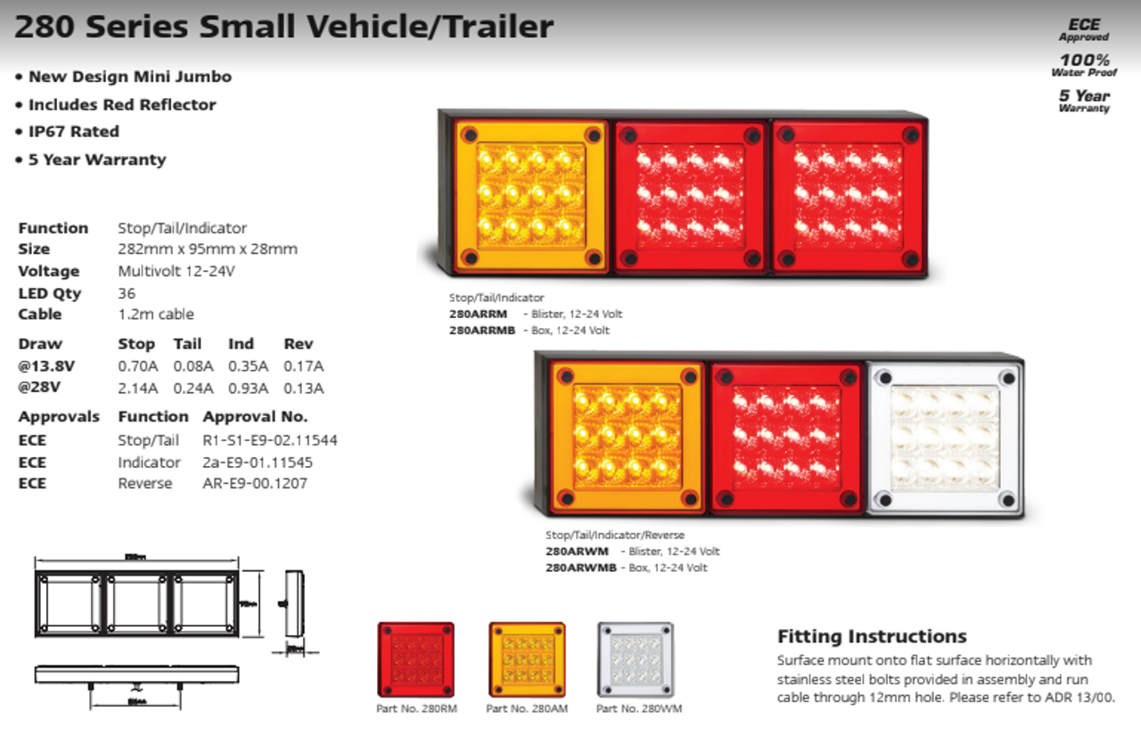 Data Sheet - 280ARWM - Mini Jumbo Truck Style Combination Tail Light. Stop, Tail , Indicator & Reverse Light. Multi-Volt 12v & 24v. Caravan Friendly. Blister Single Pack. LED Auto Lamps. Ultimate LED. 