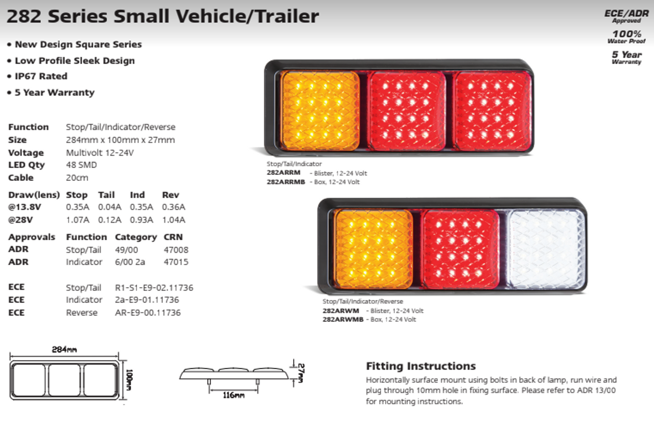 Data Sheet - 282ARRM - Combination Tail Light Triple Light. Stop, Tail, Indicator Light. Multi-Volt 12v & 24v Blister Single Pack. LED Auto Lamps. Ultimate LED. 