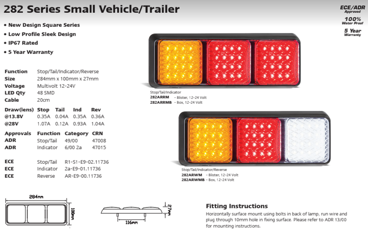 282ARWM - Combination Tail Light Triple Light. Stop, Tail, Indicator & Reverse Light. Multi-Volt 12v & 24v Blister Single Pack. LED Auto Lamps. Ultimate LED. 