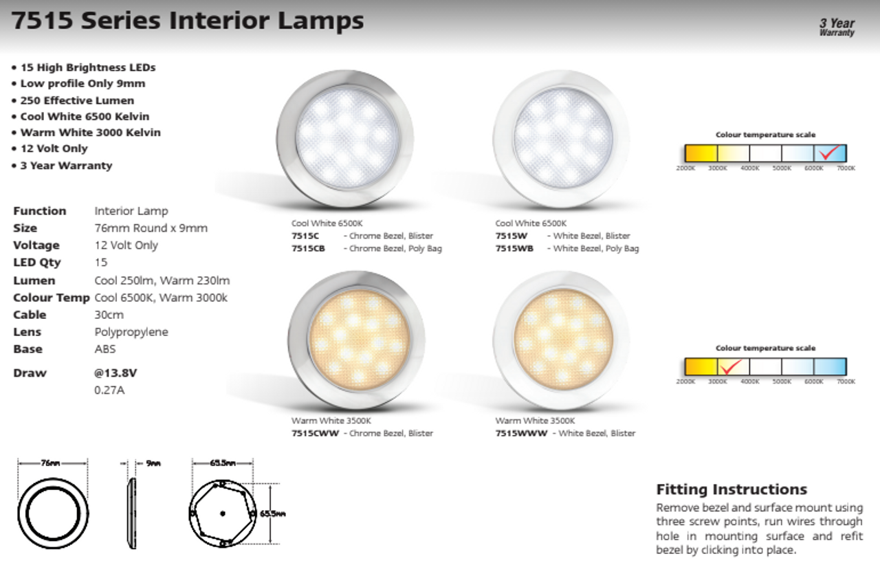 Data Sheet - 7515C - Interior Lamp, Cool White With Chrome Bezel 12v Single Pack. AL. Ultimate LED. 