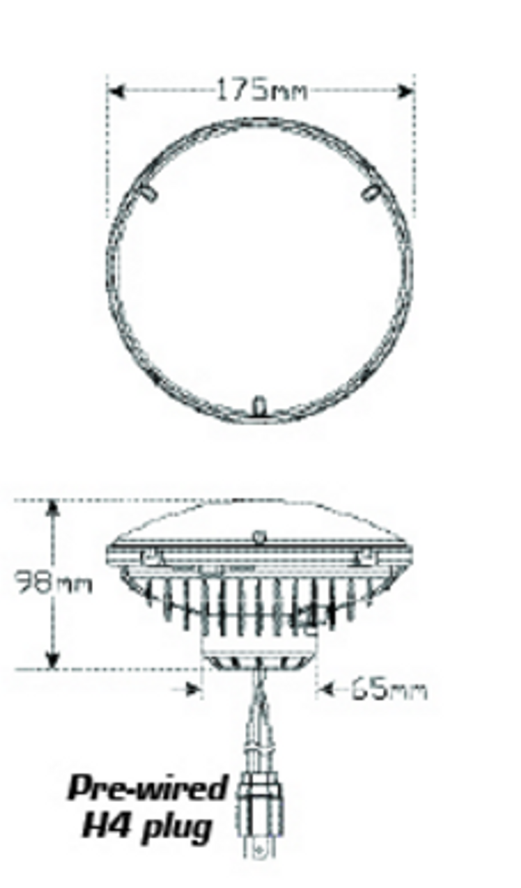 HL175 Line Drawing - HL175 - 7inch Sealed Beam Headlamp Low & High Beam with Park Function. Multi-Volt 10v & 32v Blister Twin Pack. LED Auto Lamps.  Ultimate LED. 