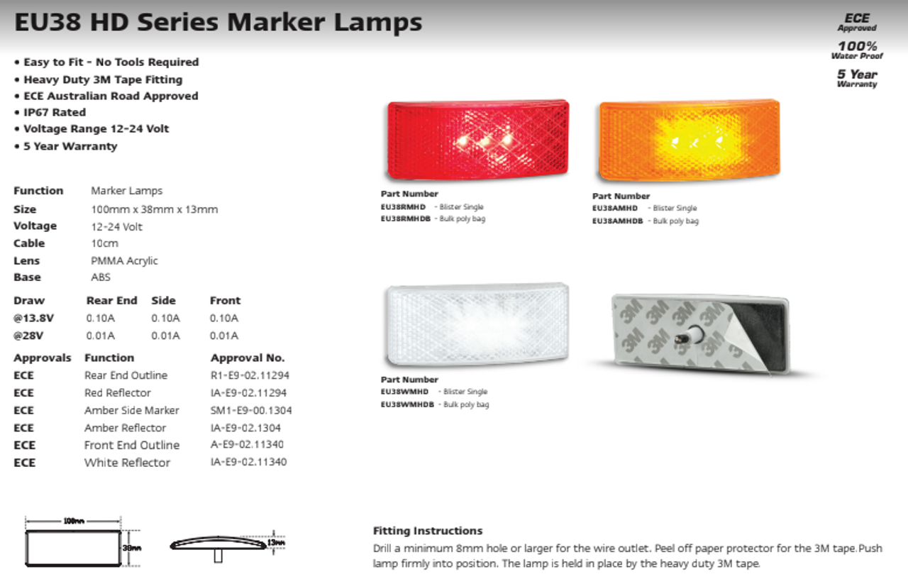 Data Sheet - EU38RMHD - Rear End Outline Marker Inbuilt Reflector Light with 3m Tape for Installation Multi-Volt 12v & 24v Blister Single Pack. Caravan Friendly. LED Auto Lamps. Ultimate LED. 