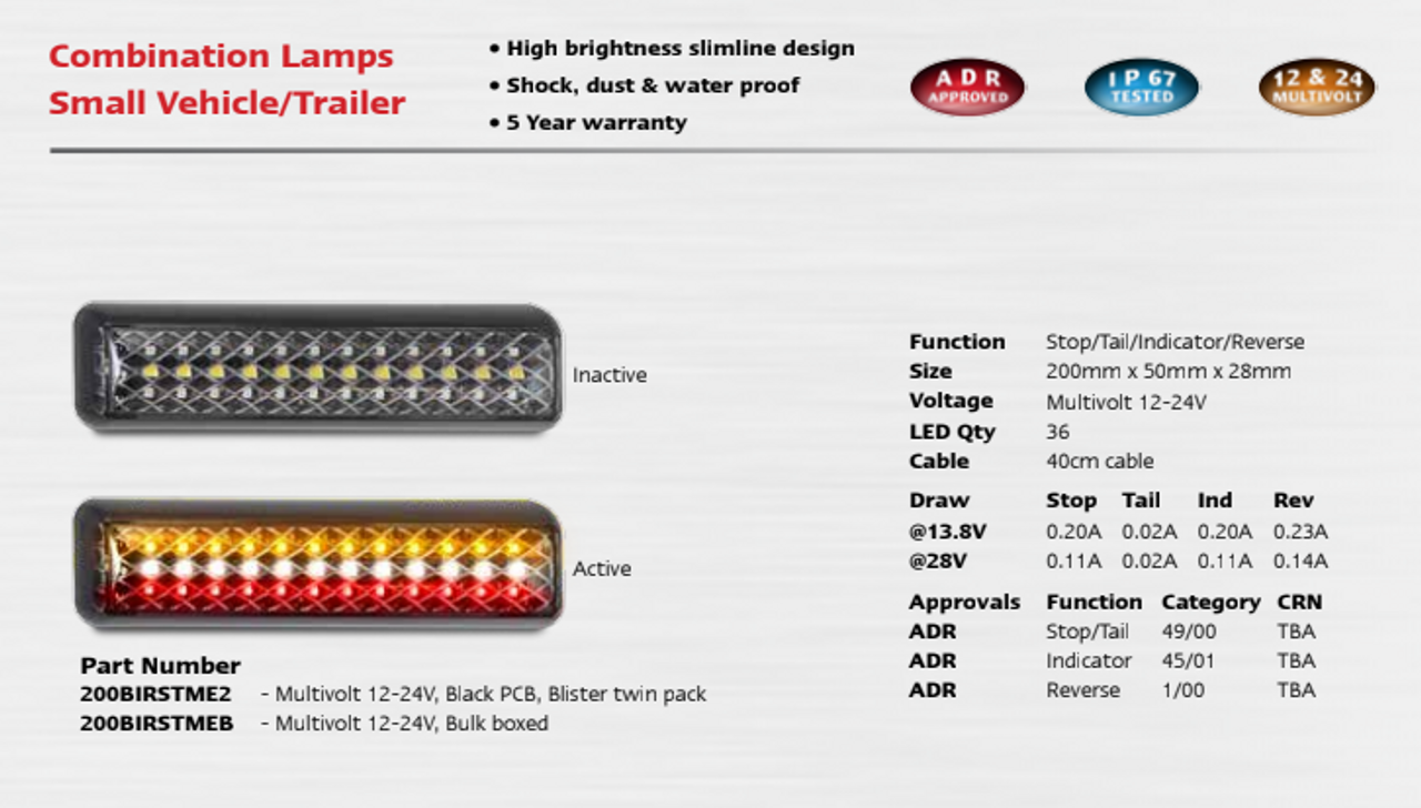 Data Sheet - 200BIRSTME2 Stop, Tail, Indicator, Reverse Light Multi-Volt 12v & 24v Twin Pack.  AL. Ultimate LED.  