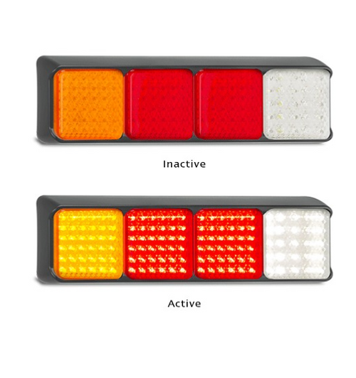 80BARRWM - Stop, Tail, Indicator, Reverse Light Quad Bar Light Multi-Volt 12v & 24v. Caravan Friendly. Black Housing Red, Amber & Clear Lens, Red, Amber & White LED. LED Auto Lamps. Ultimate LED.  