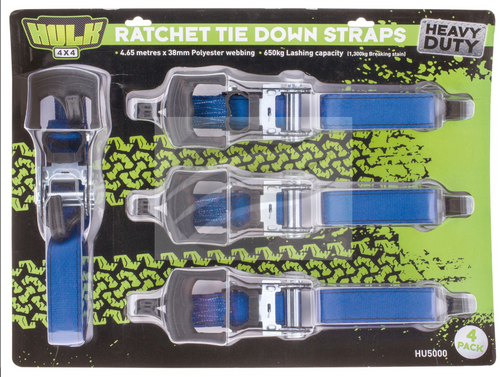 HU5000 - Ratchet Tiedown Straps, Heavy Duty 4 Pack. HULK. CD. Ultimate LED. 