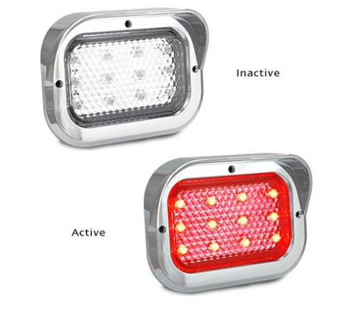 130CCRM - Clear Lens with Red LED's Chrome Truck Series. Recess Mount. Stop, Tail Light. Chrome Hooded Recessed Design. Shock, Dust and Water Proof. 5 Year Warranty. Includes Grommet Chrome Hood and Plug. Autolamps. Ultimate LED.