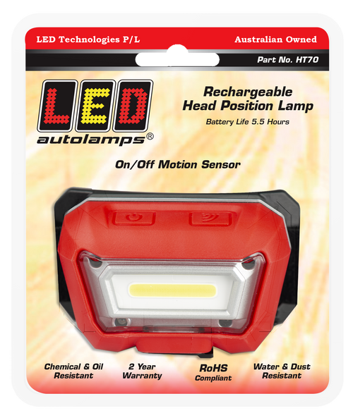 HT70 - Adjustable Head Torch. Rechargeable Head Position Lamp. Flood Light with Motion Sensor. Highly Efficient COB Design. 2 Year Warranty. Chemical Resistant. Non Slip Elastic Headband. Impact Resistant. Autolamp.  Ultimate LED.