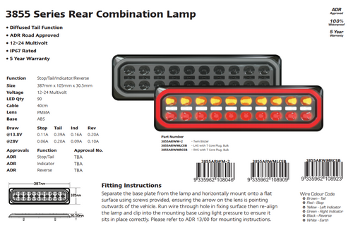 3855ARWM -2-LR - Combination Tail Lamp. 3852 Series. Diffused Tail Light. ECE Approved. Multi-Volt 12-24v. 5 Year Warranty. Twin Pack. Left Hand Side and Right Hand Side. Genuine Autolamp. Ultimate LED. 