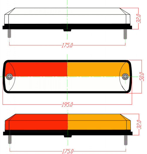 Line Drawing. Dimensions: 195 x 50 x 32mm - BR200LRARW - Slimline LED Tail Light Kit. Twin Pack. Stop, Tail, Indicator and Reverse LED Lights. Multi-Volt, 12v & 24v Systems. RoadVision. Ultimate LED.