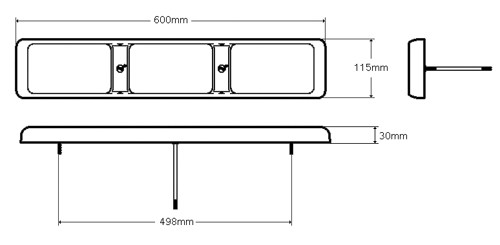 Tail Light Line Drawing. Dimensions: 600 x 115 x 30mm