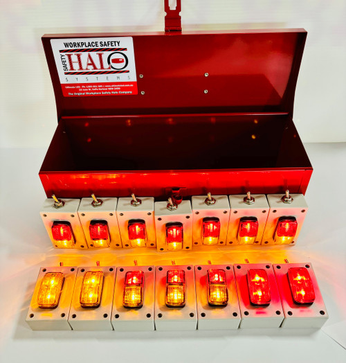 Oversize, Over Dimension Clearance Light Kit. Amber Red x 10, Red x 2 and Amber x 2 On Off Switch. Magnetic Mount. Wireless, Battery Operated with Steel Storage Box. Picture is with the Light Operating. Light is ADR Approved. Hand made by Ultimate LED Oversize, Over Dimension Clearance Light Kit. Amber Red x 10, Red x 2 and Amber x 2 On Off Switch. Magnetic Mount. Wireless, Battery Operated with Steel Storage Box. Picture is with the Light Operating. Light is ADR Approved. Hand made by Ultimate LED