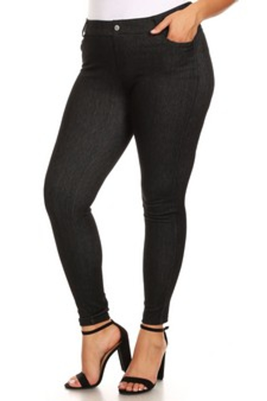 5 Pocket Soft Knit Skinny Jeggings - PLUS BLACK - Treasure Island