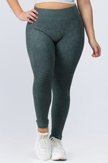 Vintage Wash Moto Detailed Seamless Tights - PLUS ARMY GREEN